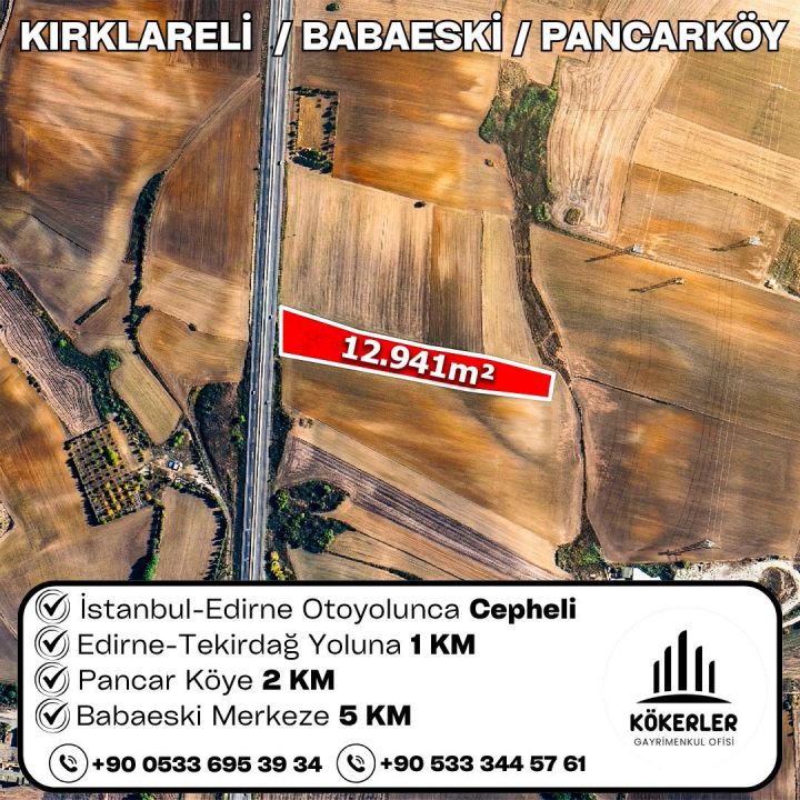 Kırklareli Babaeski Pancarköy 12.941 m² tarla