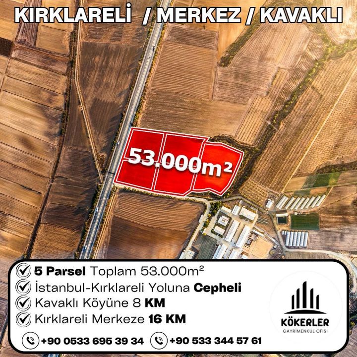 Kırklareli Merkez Kavaklı 5 parsel toplam 53.000 m² tarla